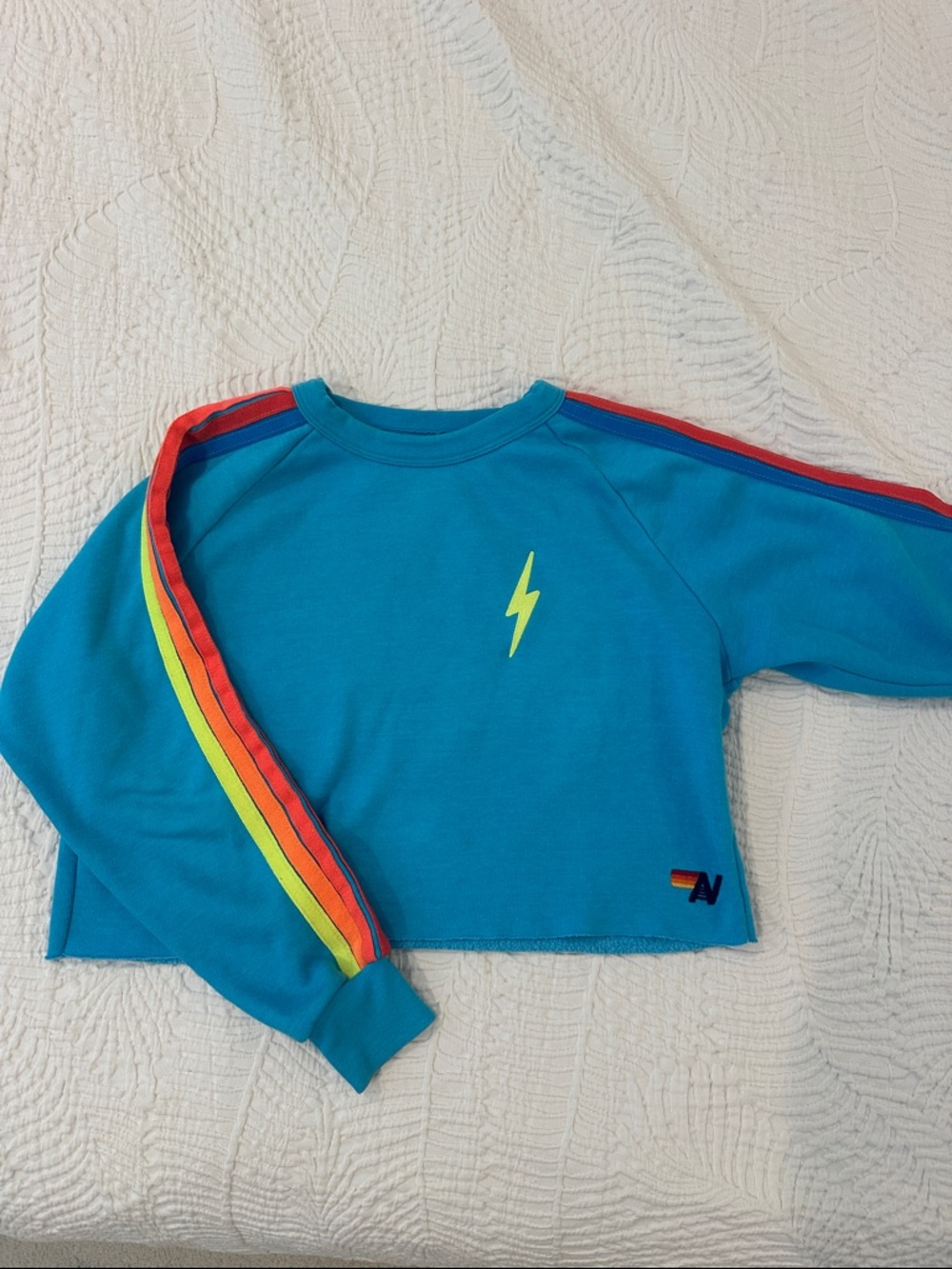 Aviator Nation Blue Cropped Sweatshirt with Rainbow Stripe